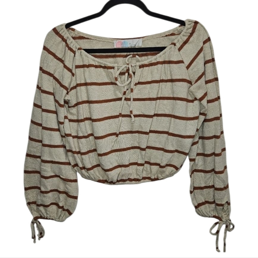 FREE PEOPLE BEACH Long Sleeve Top Stripe Bow Accent Extra Small XS Cream Rust